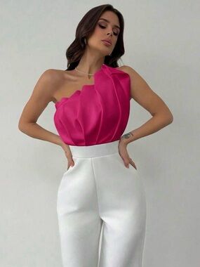 One-Shoulder Fuchsia Satin Top